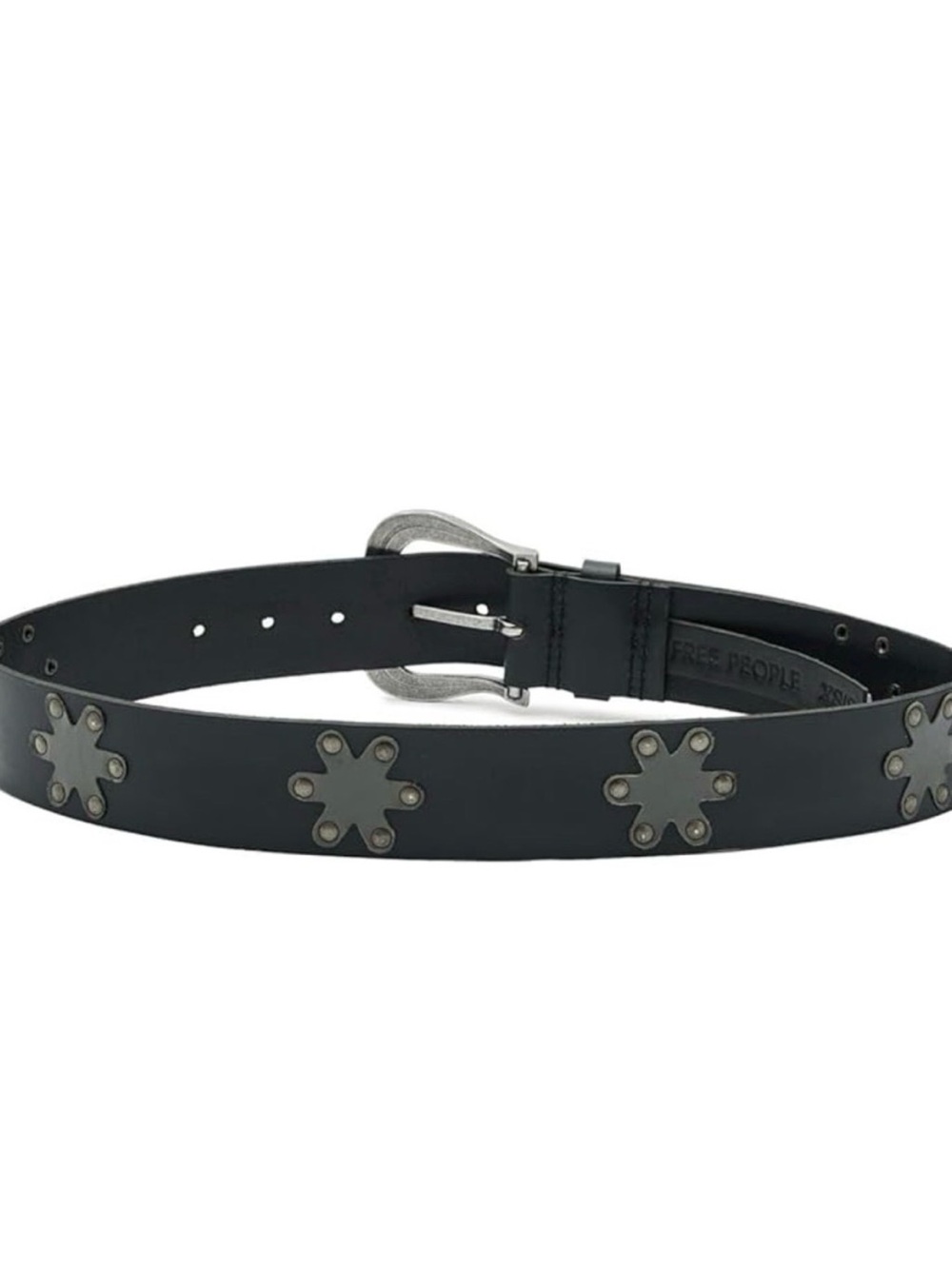 Free People Sonny Black Leather Belt with Metal Buckle and Flower Accents M/L